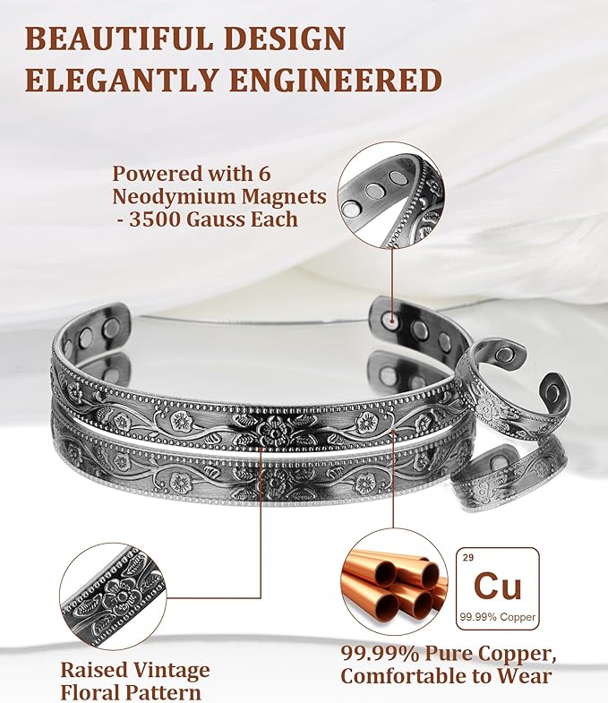 BioMag Copper Bracelet & Ring for Women, 99.99% Pure Copper Magnetic Bracelet Lymphatic Drainage Rings with 3500 Gauss Magnets, Adjustable & Flower Pattern (Antique Silver-A)