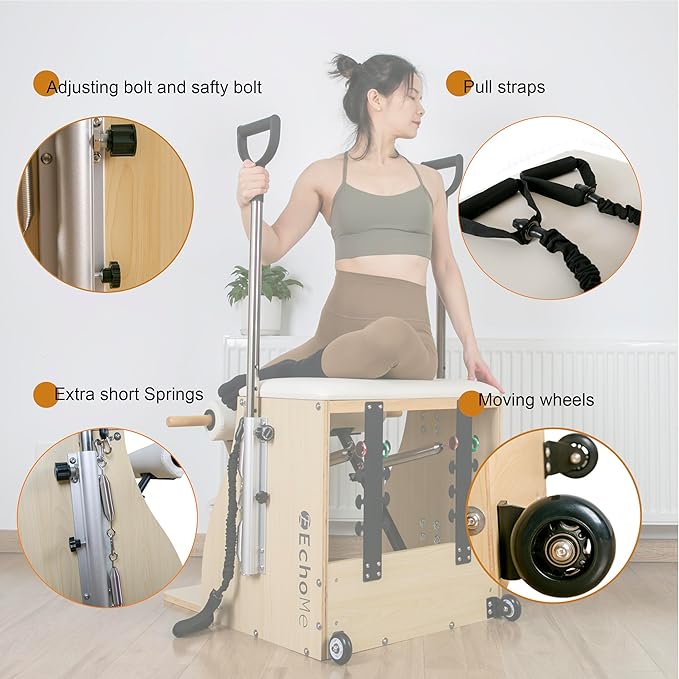EchoMe Plates Combo Chair with Handles, Split-Pedal Stability Pilates Chair,Yoga Fitness Trainer, Pilates Reformer Machine, Pilates Equipent of Maple Wood for Home use and Studio Use