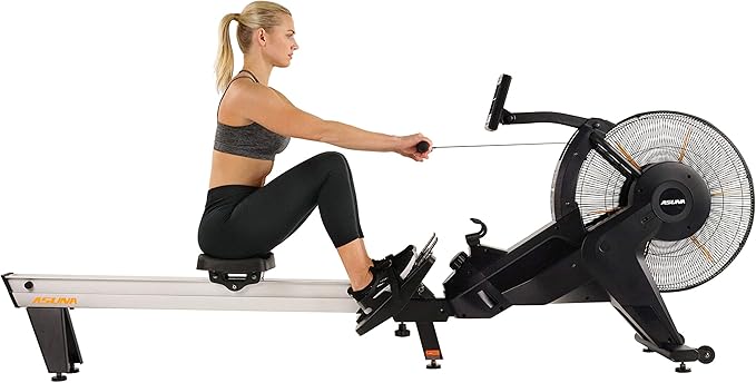 Sunny Health & Fitness AeroForce Fan Rower, Commercial Grade Rowing Machine with Performance Monitor, Long Foldable Rail for Home Cardio Training, Optional Dual Resistance