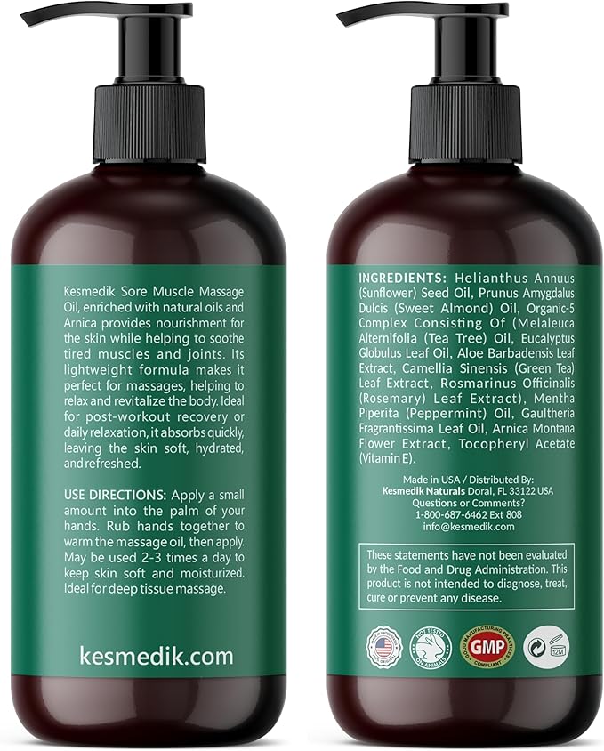 Sore Muscle Massage Oil for Massage Therapy with Arnica, Eucalyptus & Tea Tree Oil Blend for Deep Muscle Relief, Recovery, Softens Skin & Anti-Cellulite Massage for Professional & Home Use.