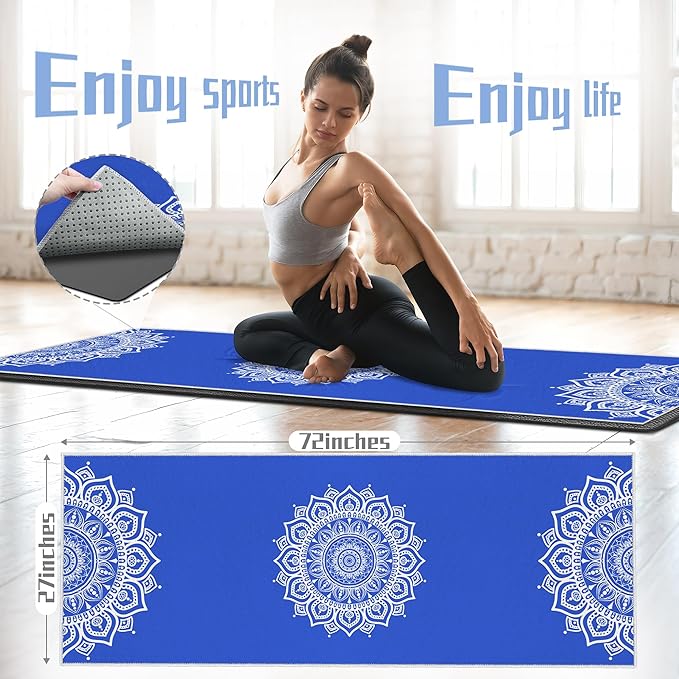 Yoga Towel,Absorbent Yoga Mat Towel for Hot Yoga Non Slip,Stylish Prints,Ideal for Workouts,Hot Yoga,Bikram,Pilates Equipment,72 x 27 in,Blue Mandala