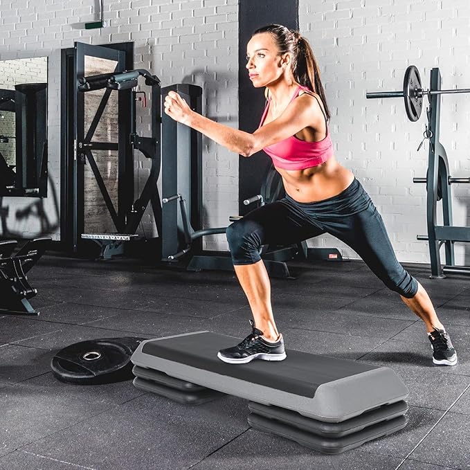43" Exercise Aerobic Step Platform, Adjustable Fitness Stepper, with 4 Removable Risers for Home Gym Cardio Strength and Training