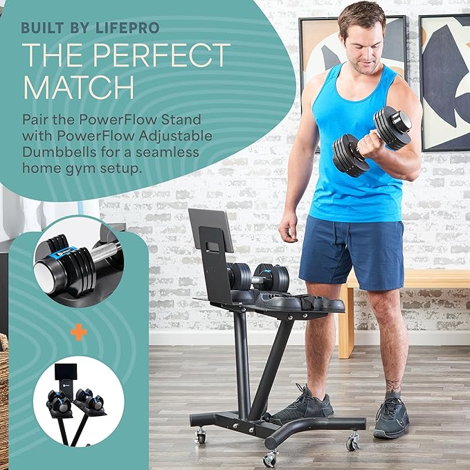 Lifepro Adjustable Dumbbell Stand with Wheels & Phone/Tablet Holder – Compatible with PowerFlow Plus, PowerUp Plus & Other Brands – Smart, Space-Saving Dumbbell Rack for Home Gym
