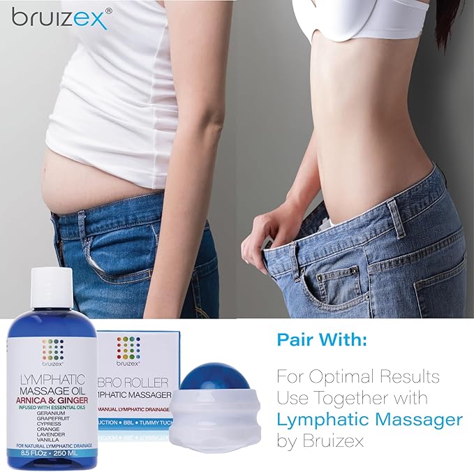 Bruizex Lymphatic Drainage Massage Oil with Arnica & Ginger for Post-Procedure Massage & Lymphatic Drainage Massager, Liposuction, 360 Lipo, BBL, After Tummy Tuck Procedure, Warming Formula - 8.5 Oz