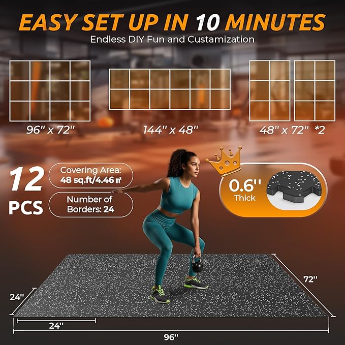 PRAISUN 0.6" Thicker Rubber Top Gym Flooring for Home Gym, 12 Pcs 48 Sq Ft Workout Mats, Exercise Mat, Interlocking Rubber Floor Mats with High Density EVA Foam for Garage, 24 x 24in, Black/Grey