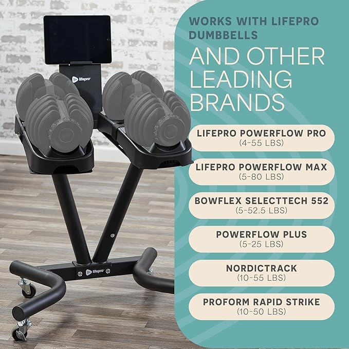 Lifepro Adjustable Dumbbell Stand with Wheels & Phone/Tablet Holder – Compatible with PowerFlow Plus, PowerUp Plus & Other Brands – Smart, Space-Saving Dumbbell Rack for Home Gym