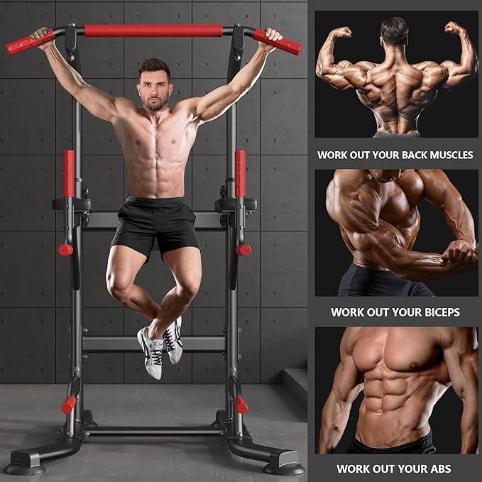 SogesPower Power Tower Pull Up Bar Station Multi-Function Adjustable Height Workout Dip Station Strength Training Equipment for Home Gym Fitness Equipment with Boxing Speed Ball & Rotating Target 400LBS