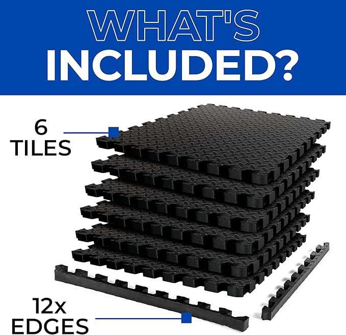 Puzzle Exercise Mat 1.25 in, EVA Interlocking Foam Floor Tiles for Home Gym, Mat for Home Workout Equipment, Floor Padding for Kids, Black, 24 in x 24 in x 1.25 in, 24 Sq Ft - 6 Tiles