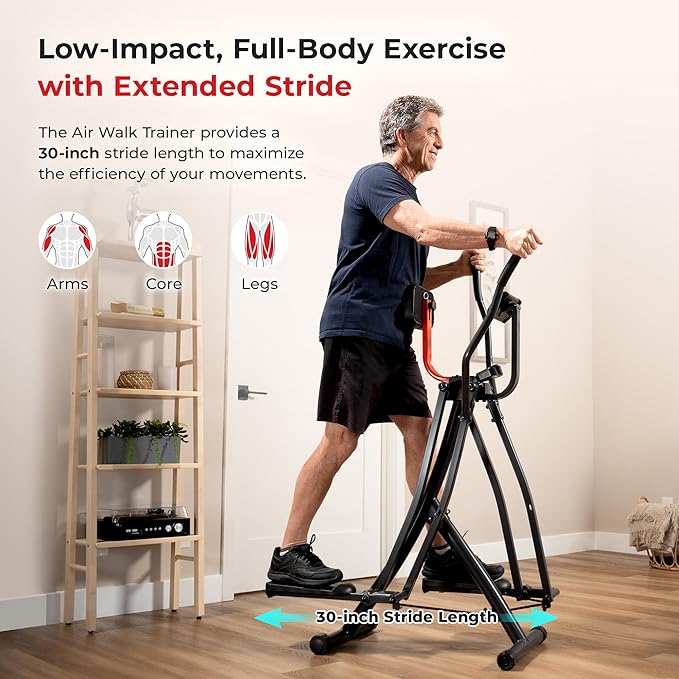 Sunny Health & Fitness Foldable Air Walk Elliptical, 30" inch Long Stride Full-Body Cardio Cross Trainer Glide Exercise for Home Office, SunnyFit App via Bluetooth with Optional Adjustable Resistance