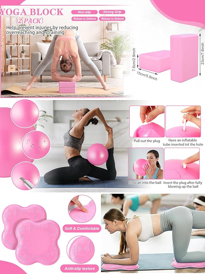 17 Pcs Yoga Essential Kit for Women, Pilates Equipment Starter Set for Beginners with Yoga Wheel Ball Blocks Strap Resistance Bands Wrist Rings Socks Towel & Carry Bag for Home Workouts