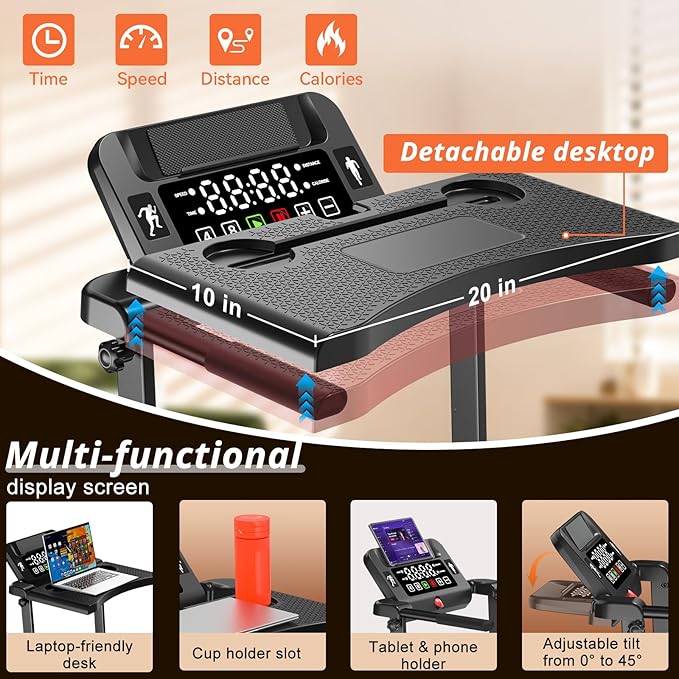 Walking Pad Treadmill with Desk Workstation, 12% Incline Treadmills for Home Office, 350lbs Capacity, 3.5H(L)