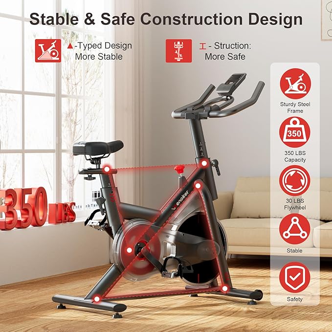 Exercise Bike for Home – 350LB Indoor Cycling Bike, Silent Stationary Spin Bike with App Sync, Adjustable Seat, LCD Monitor, Smooth & Quiet for Cardio Workout