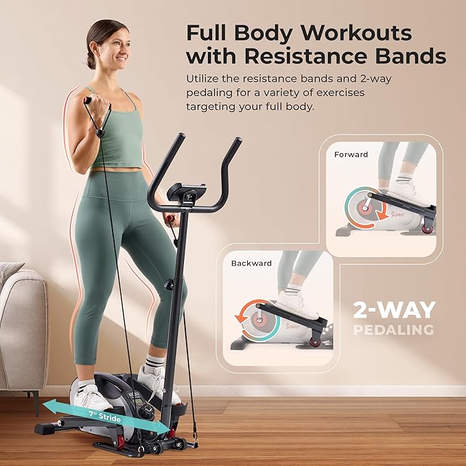 Sunny Health & Fitness Under Desk Elliptical Machine, Portable Sitting or Stand Peddler Exerciser for Seniors Home Office, SunnyFit App Access via Bluetooth with Optional Handlebar or Resistance Band