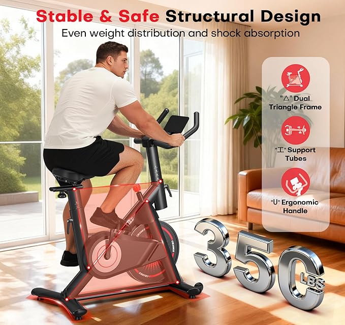 CHAOKE Exercise Bike, Quiet Adjustable Magnetic Stationary Bike for Home Cardio with App Compatible, 350LB Weight Capacity Indoor Cycling Bike with Large Seat, Dumbbell Rack, Pull Cords & LCD Display