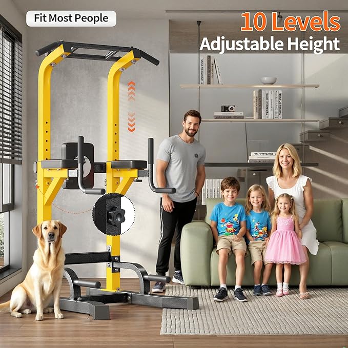 SogesPower Multi-Function Power Tower Pull Up Bar Station Pull Up Dip Station for Home Gym, 10-Level Adjustable Height Pull Up Bar Stand Dip Bar Strength Training Workout Equipment