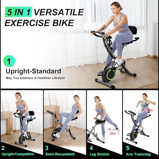 Foldable Exercise Bike Stationary Bikes for Home, 5 IN 1 Indoor Workout Bike, Cycling Bike with 16-Level Quiet Magnetic Resistance, 6.6 LBS Flywheel and 300LBS Capacity for Senior and Home Workout