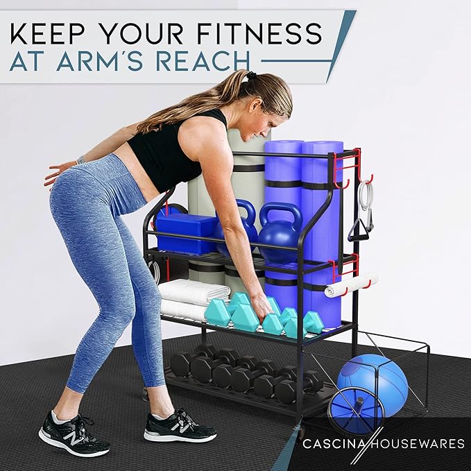 Cascina Home Gym Storage Rack - Weight Rack for Dumbbells, Kettlebells, Foam Roller, Resistance Bands and Yoga Mat Storage Holder - Exercise Workout Equipment Storage Organizer with Hooks and Wheels
