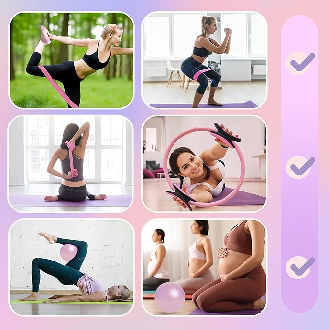 Pilates Ring Circle Set 10 pcs Pilates Equipment Accessories for Home Workouts 9.8” Pilates Ball 12” Magic Circle Yoga Ring and Resistance Bands for Women Pilates Ring and Ball Set Gift (Pink)