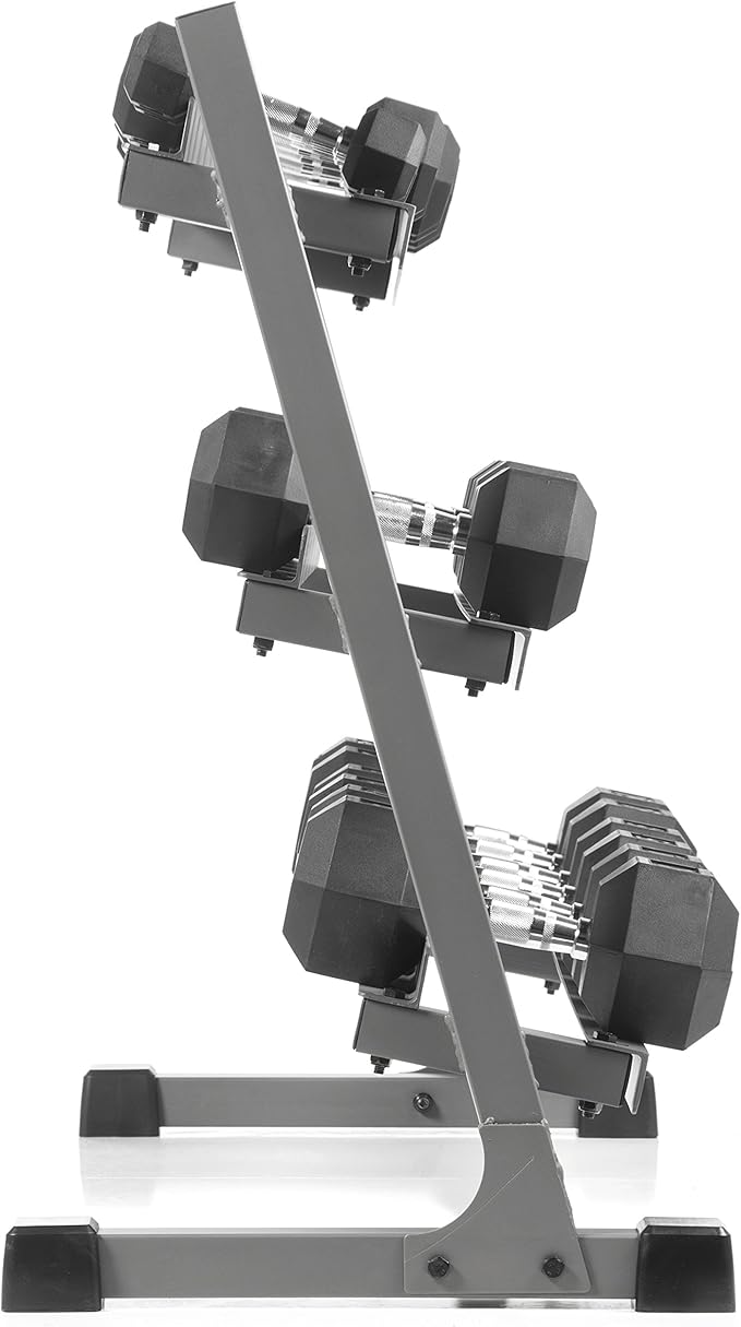 XMARK 3-Tier Dumbbells Weight Storage Rack, Holds 5-50 Pound Hex Dumbbells Weight Set (10 Pairs Capacity), Gray or Black
