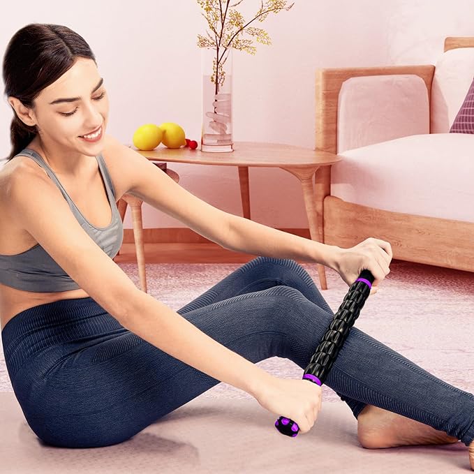 YANSYI 9-Roller Muscle Recovery Massage Stick - Deep Tissue Massager for Post-Workout Recovery & Pain Relief (Purple)