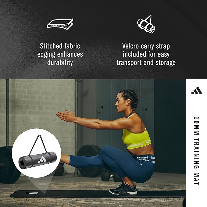 adidas 10mm Extra Thick Training Mat with Carrying Strap and Non-Slip Textured Base - Cushioned Workout Mat for Home Gym, Floor Workouts, and Intense Exercises - Portable and Durable