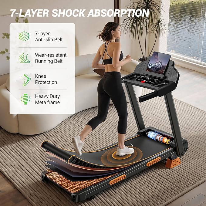 Treadmills for Home with 16% Incline & Led Screen, 7-Layer Shock-Absorbing Foldable Treadmill with Handle Bar for Convenient Storage, 3.0HP Walking Pad Treadmill Up to 400lbs 0.6-7.0MPH
