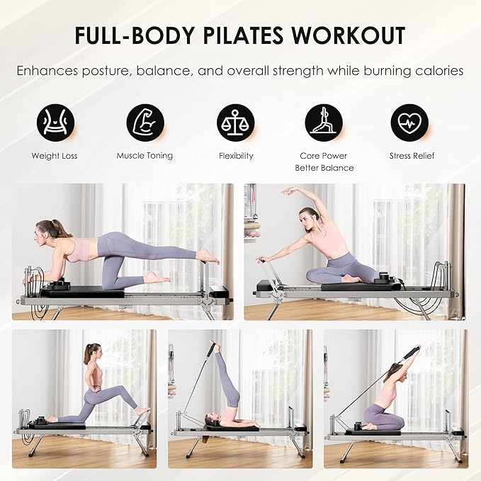 SogesHome Foldable Pilates Reformer Machine for Home Gym, Compact Fitness Reformer with Resistance Springs, Full Body Workout Equipment for Core Strength, Flexibility, Weight Loss, Stability