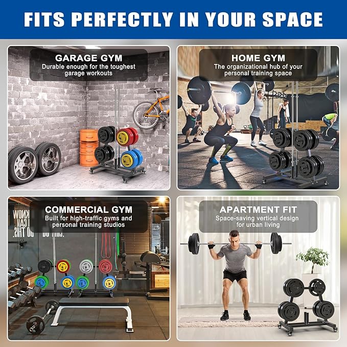 Kipika Weight Plate Tree Rack, Weight Holder for 2 inch Olympic Weight Plate & 2 Barbell Holders, Heavy Duty Bumper Plate Storage Organizer for Home Gym with Optional Wheels