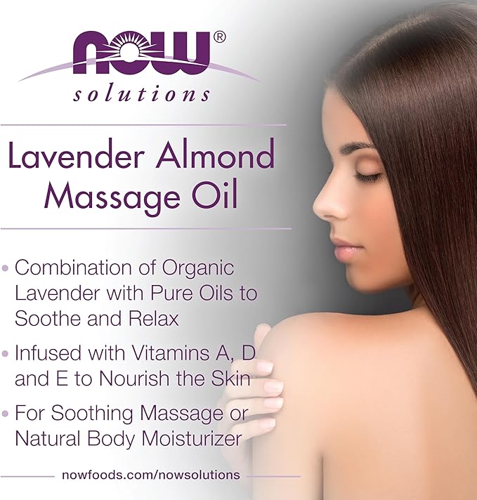 NOW Foods Solutions, Lavender Almond Massage Oil, Vitamin Infused Blend, Therapeutic and Soothing, 16-Ounce