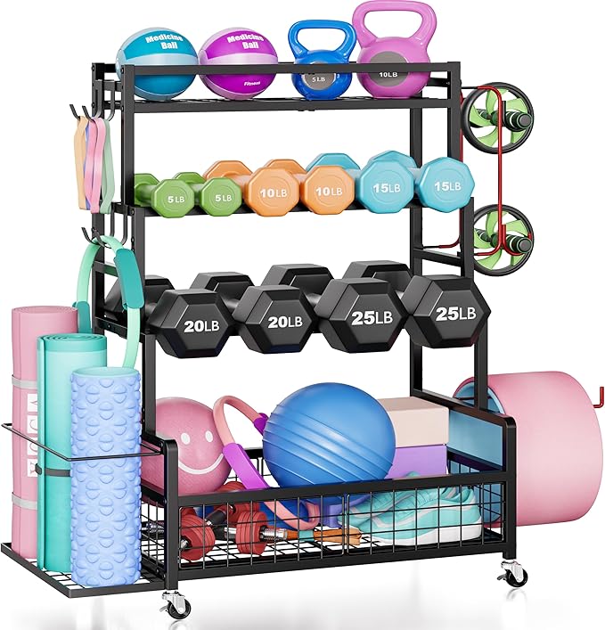 Dumbbell Rack,Home Gym Storage Rack,Total Weight Capacity 490 lbs,Weight Rack with Wheels/Strength Training Equipment Storage Rack with Hooks,Stores Dumbbells,Kettlebells,Yoga Mats