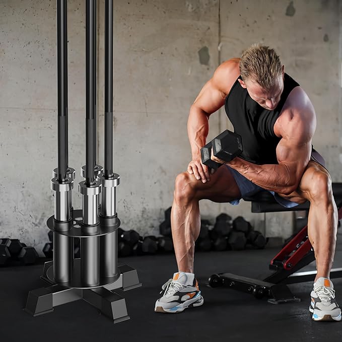 EVERYMATE Vertical Barbell Holder : Rotatable Barbell Holder Floor Stand, Heavy Duty Barbell Rack Stand Fit 2-Inch Olympic Bars, Curl Bars, Triceps Bars Home Gym Organizer Barbell Storage