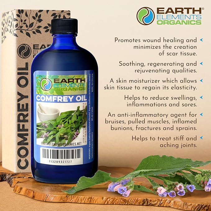 Comfrey Oil Raw with Sunflower Oil, Infused Herbal Body Oil, Sore Muscles, Aches, Organic Skincare for All Skin Types - 4 fl oz