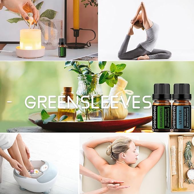 GREENSLEEVES Vetiver Eucalyptus Essential Oil Set, 2 x 10ml Pure Plant-Based Fragrance Oil for Aromatherapy, Essential Oils for Diffuser, Massage, Bath Bomb, Scented Candle Soap Making