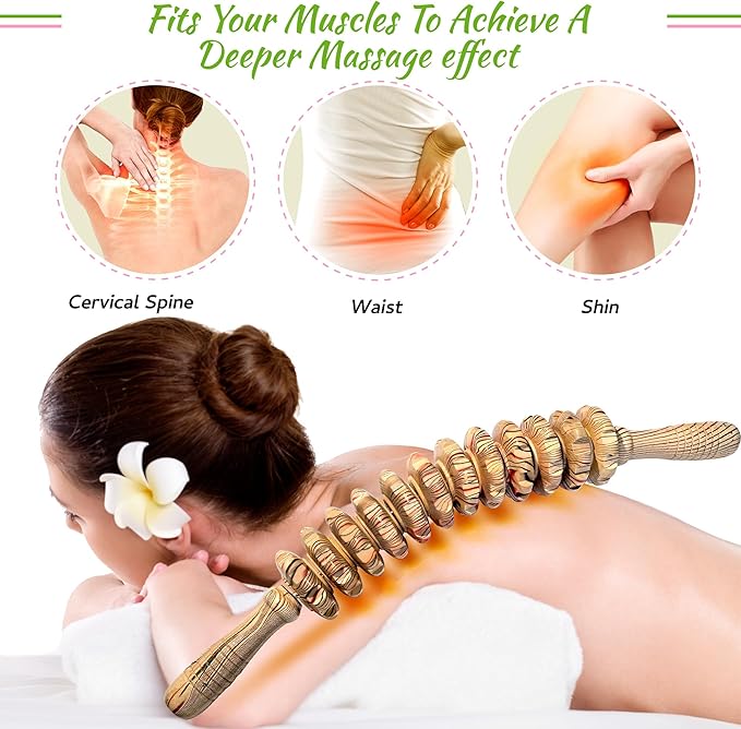 Wooden Curved Handheld Roller Massager Stick- 12 Rollers Wood Therapy Tool for Trigger Point, Fascia & Cellulite Reduction, Lymphatic Drainage, Muscle Tension Relief & Body Shaping (Wood Grain)