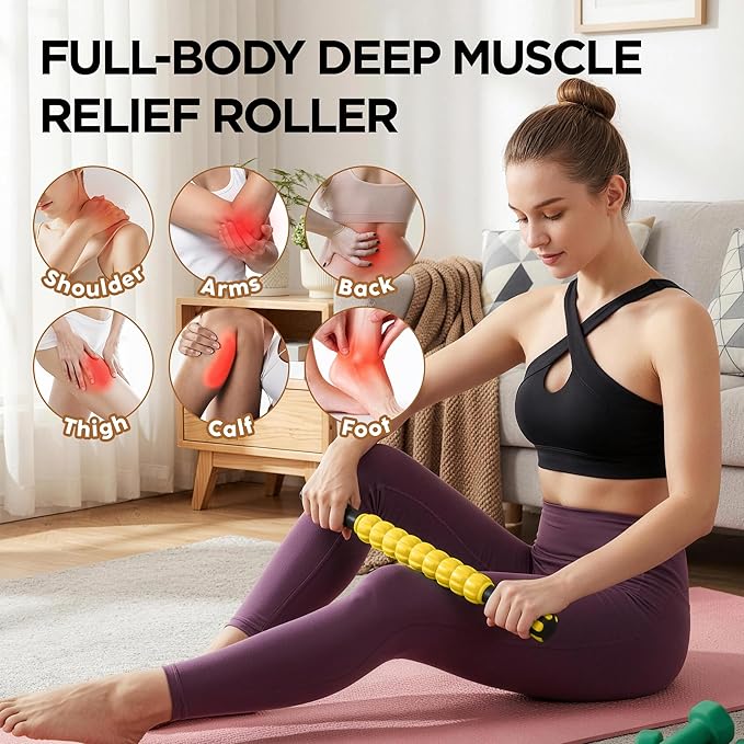 Muscle Roller & Massage Roller Stick for Athletes - Lymphatic Drainage Support, Relieves Muscle Soreness, Cramping & Tightness - Targets Legs, Arms, Back & Calves （Yellow）