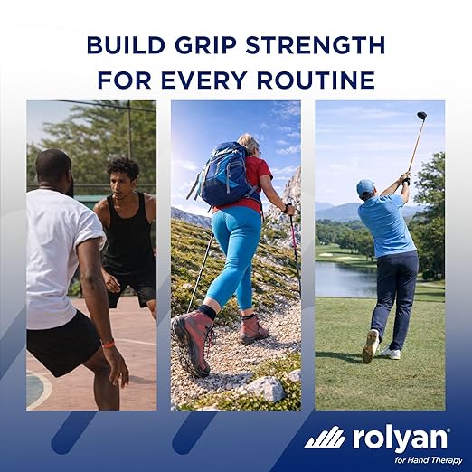 Rolyan Ergonomic Hand Exerciser with Plastic Handle, Adjustable Grip Strength Trainer with 4 Color‑Coded Rubber Bands, Finger & Hand Exerciser for Therapy, Rehab, Strength Training, Blue