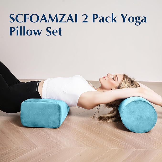 2-Pack Yoga Bolster Pillow Set: Rectangular & Cylinder Pillows for Meditation and Support, Yoga Pillows with Washable Velvet Cover, Triple-Layer Sponge with Carry Handle, Green