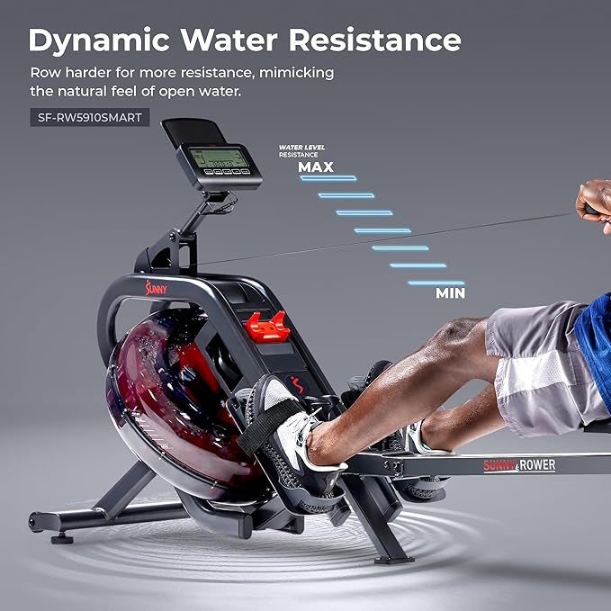 Sunny Health & Fitness AquaStrive Series Smart Water Rower, 300LB Capacity Plus Dynamic Hydro Resistance for Home Cardio Workout, Free SunnyFit Training App Connection