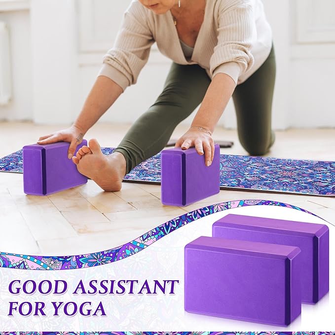 Tinideya 3 Pcs Yoga Mat Yoga Block with Carrying Strap Non Slip Yoga Mat Travel Yoga Mat for Exercise, Yoga, Fitness, Pilates, Floor Workouts, purple