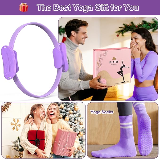 Pilates Ring Gift Set 15" Anti-Deformation Premium Magic Circle, 3 Resistance Bands, Yoga Ball & Anti-Slip Socks | Elegant Home Workout Kit for Women | Birthday/Anniversary Present