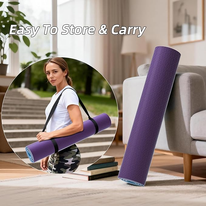 HAHE Yoga Mat Thick, 72"x32"x0.4"Th (10mm), Wide Non-Slip Exercise Mat with Carry Strap, Double-Sided POE Fitness Mat for Yoga, Pilates & Floor Workouts