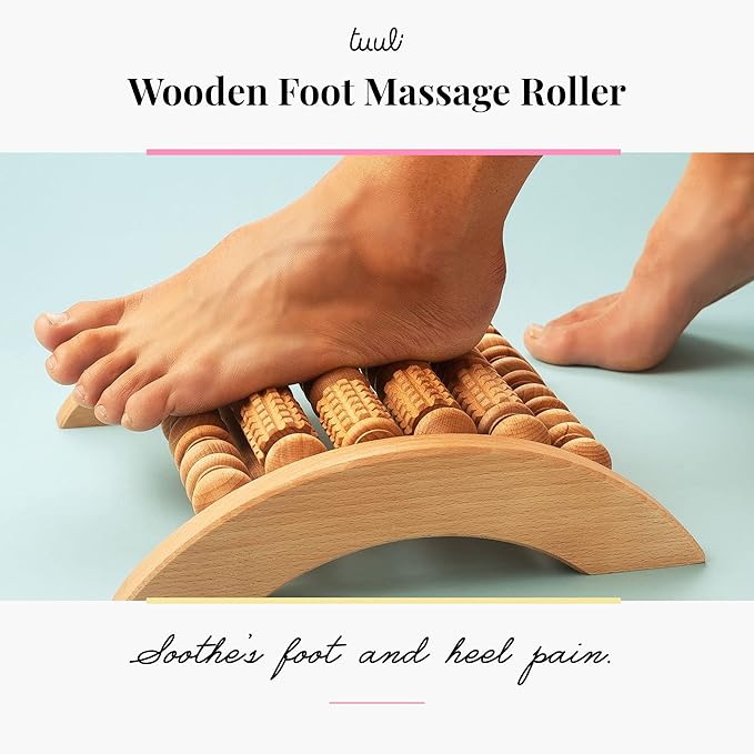 Tuuli Accessories - Wooden Foot Massager, Grooved Muscle Roller, Helps Ease Muscle Tension and Improve Blood Circulation, Natural Wood Therapy Massage Tools, 29 x 24.5 cm