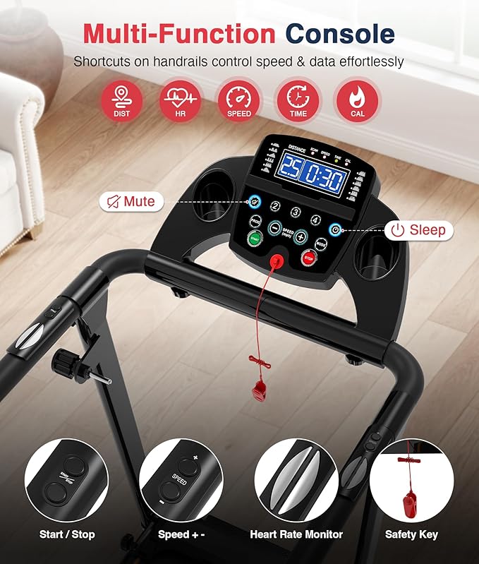 Redliro Walking Treadmill with Long Handrails – Treadmill for Seniors 300 lbs Capacity – Foldable, Lightweight with Wheels, Cup & Phone Holder – Recovery Machine for Home or Apartment