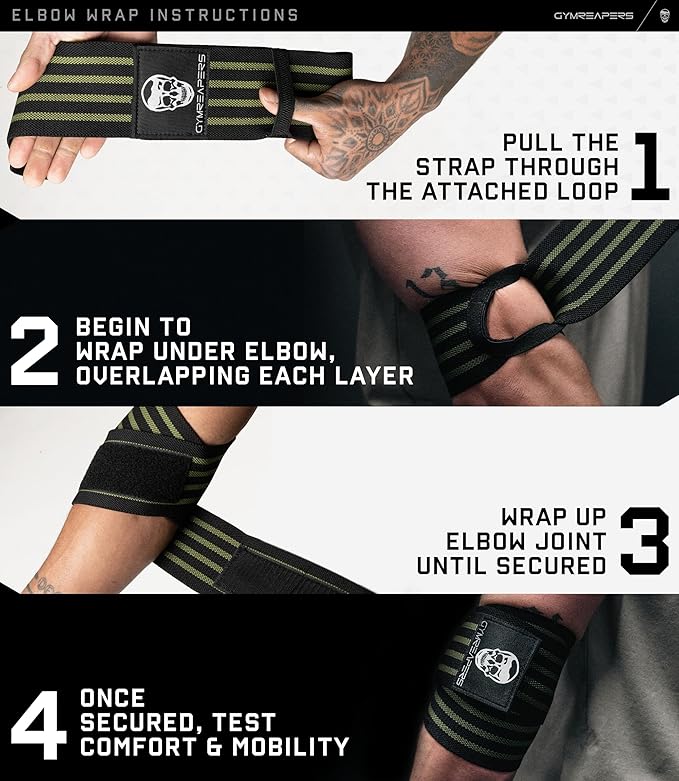 Gymreapers Weightlifting Elbow Wraps (1 Pair) - Flexible 40'' Elbow Compression Strap & Joint Support Brace - for Bench Press, Powerlifting, and Pressing