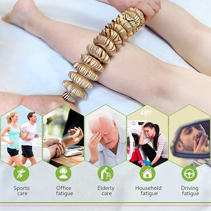 Wooden Curved Handheld Roller Massager Stick- 12 Rollers Wood Therapy Tool for Trigger Point, Fascia & Cellulite Reduction, Lymphatic Drainage, Muscle Tension Relief & Body Shaping (Wood Grain)