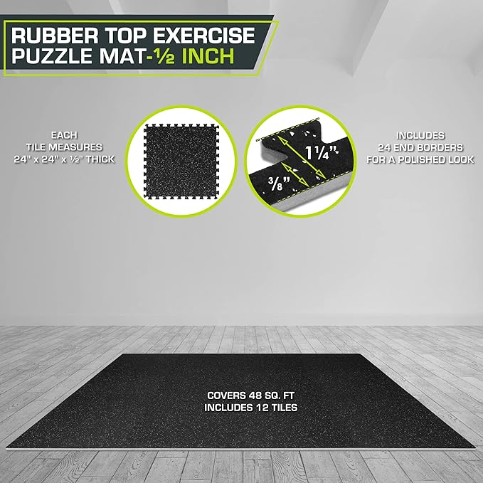 ProsourceFit Rubber Top Exercise Puzzle Mat ½-inch or ¾-inch, EVA Foam Interlocking Tiles for Home Gym Protective Flooring for Equipment and Workouts, Available in 24 SQ FT or 48 SQ FT