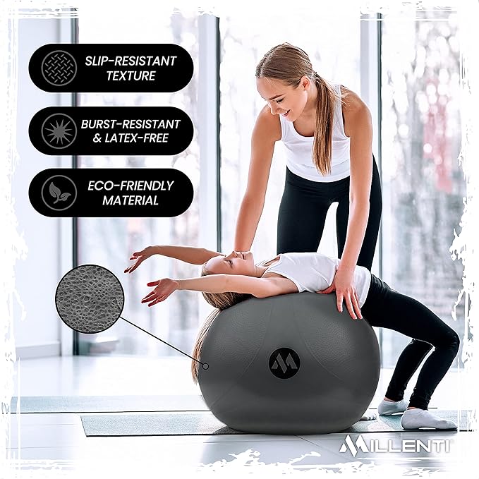 Millenti Exercise Ball Chair 65cm - Yoga Ball Chair Stability Base Ring Kit & Fitness Resistance Bands For Home, Gym Bundle, Pilates Ball, Office Chair, Birthing Ball For Pregnancy - With Workout Chart
