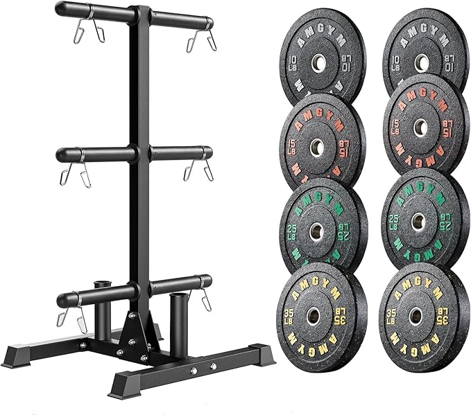 Weight Plate Tree Rack & Weight Set, Strength Training Plate Storage Stand and Barbell Holders for Home Gym, 1100 lb Weight Capacity, Fits Both 1" and 2" Bumper Plates