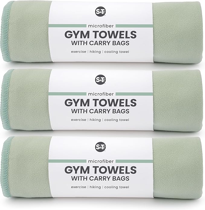 S&T INC. Gym Travel Towel, 3 Pack, Cooling Towels for Camping, Yoga, Home and Gym Bag, 3 Storage Bags Included, 12 Inch x 40 Inch, Microfiber, Sage Green