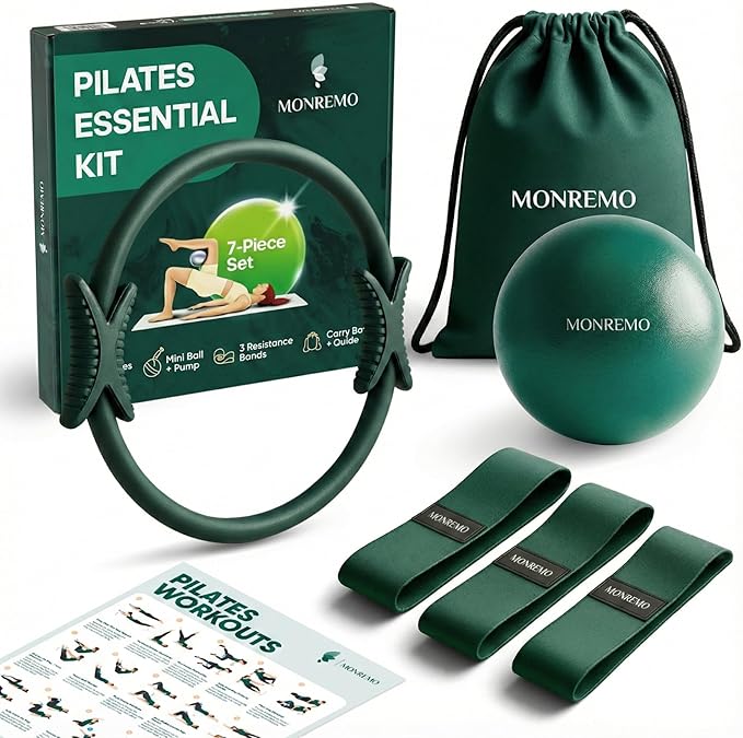 Pilates Home Workout Kit – 7pc Pilates Set for Women with Toning Ring (Magic Circle), Mini Ball & Resistance Bands. Full Mat Pilates Equipment for Yoga, Core & Stretching at Home